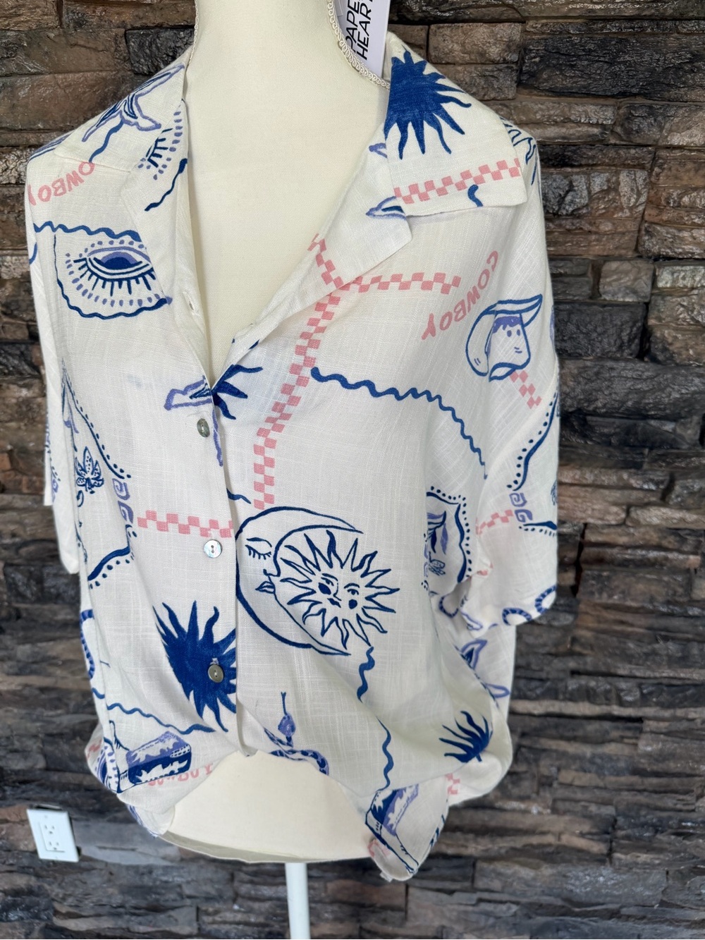 Women's White Short Sleeve Button-Up Top with Blue & Pink Print - Picture 10 of 13